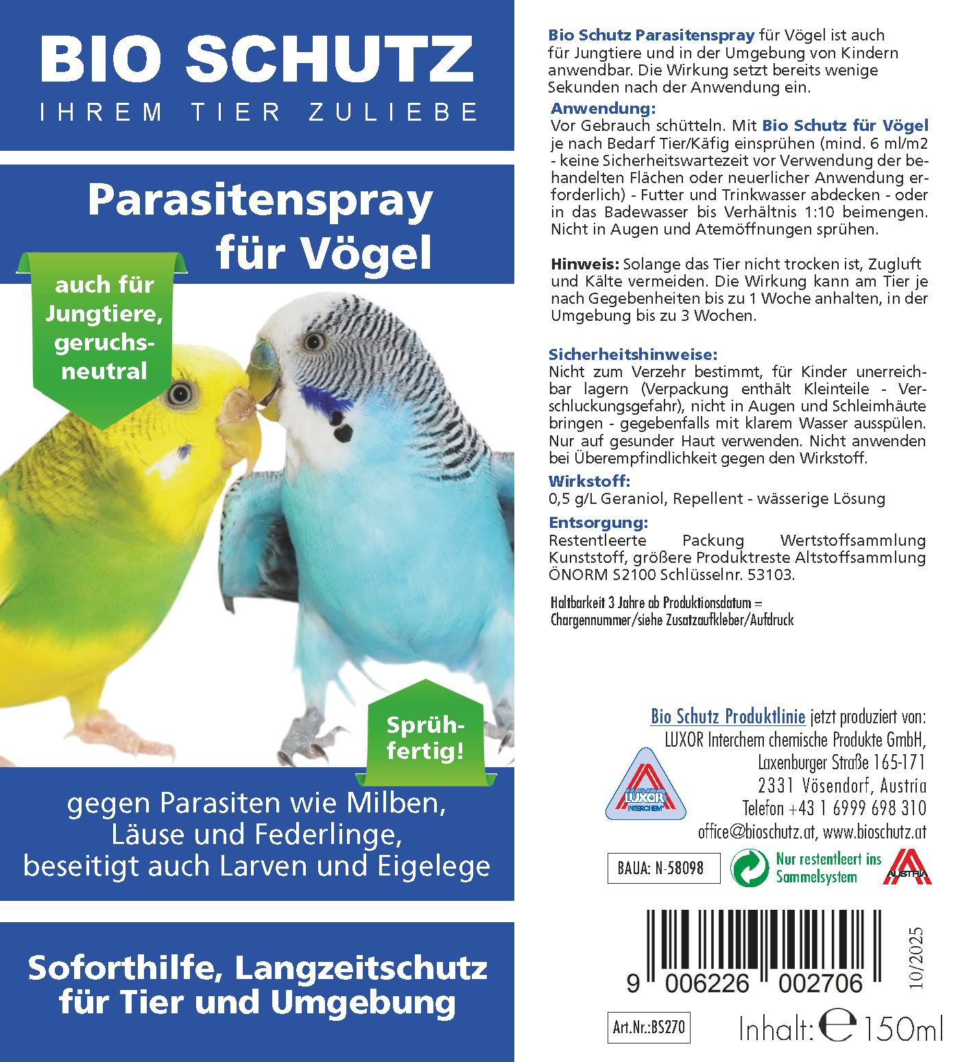 BIO SCHUTZ Parasitenspray für Vögel