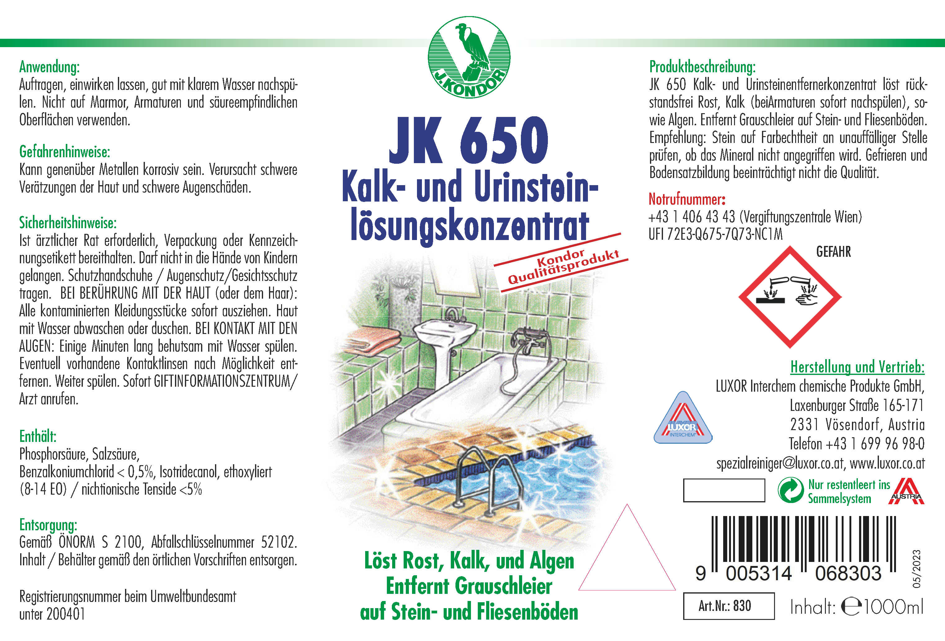 JK 650 Kalk- und Urinsteinlösungskonzentrat 1000 ml