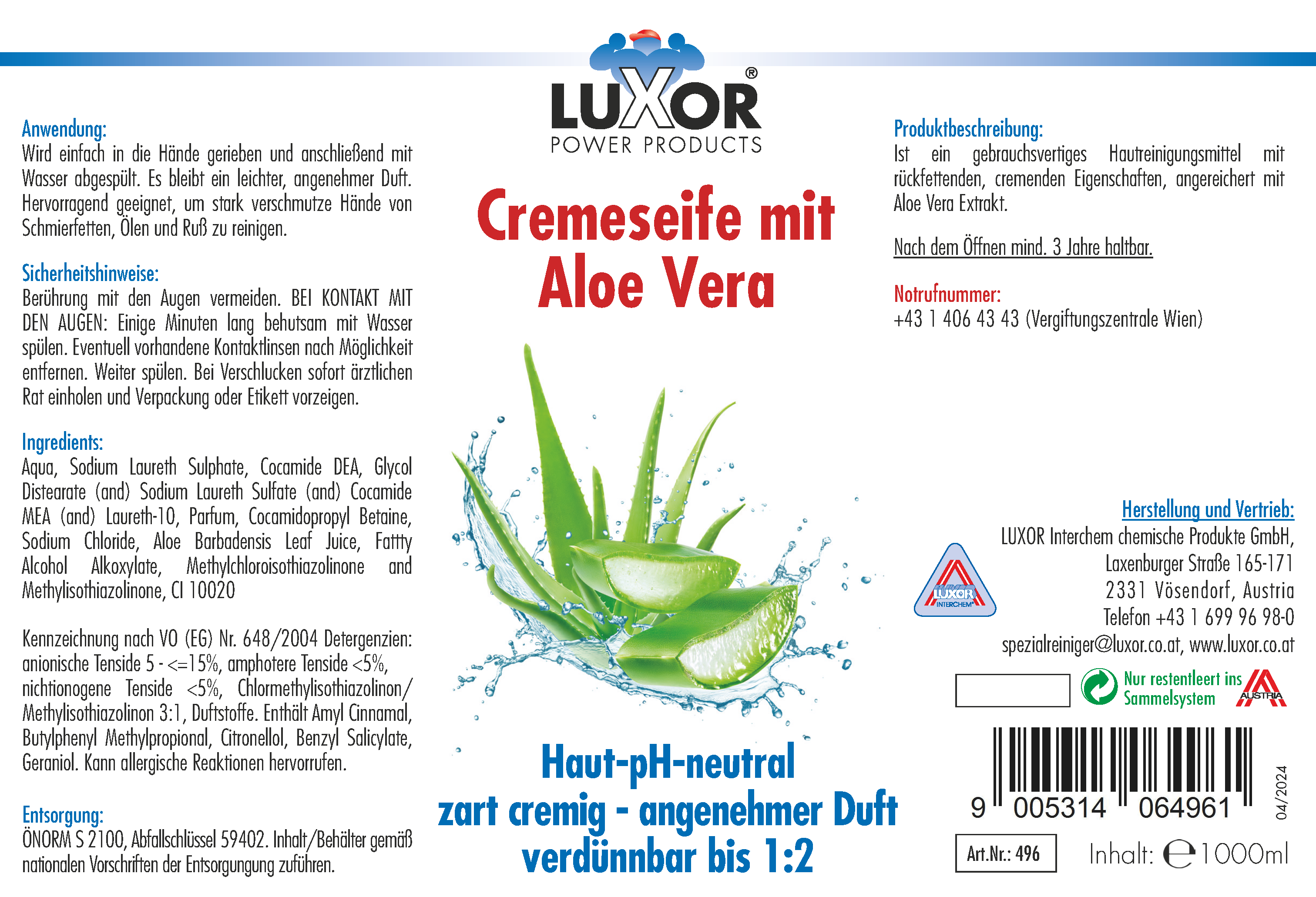 Cremeseife mit Aloe Vera 1000 ml